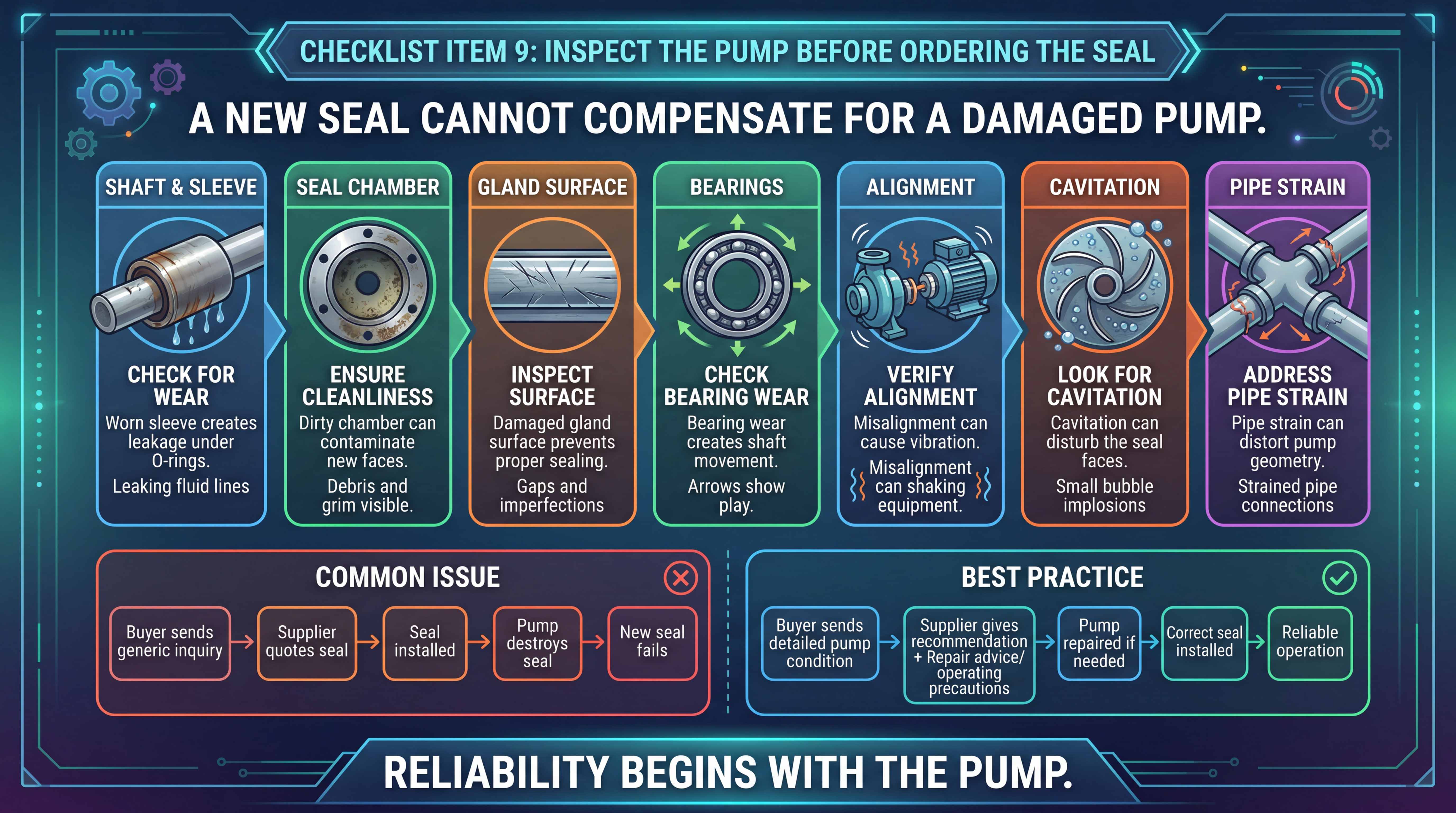 Mechanical seal selection checklist item 9 showing pump inspection before ordering a seal including shaft sleeve seal chamber gland surface bearings alignment cavitation and pipe strain